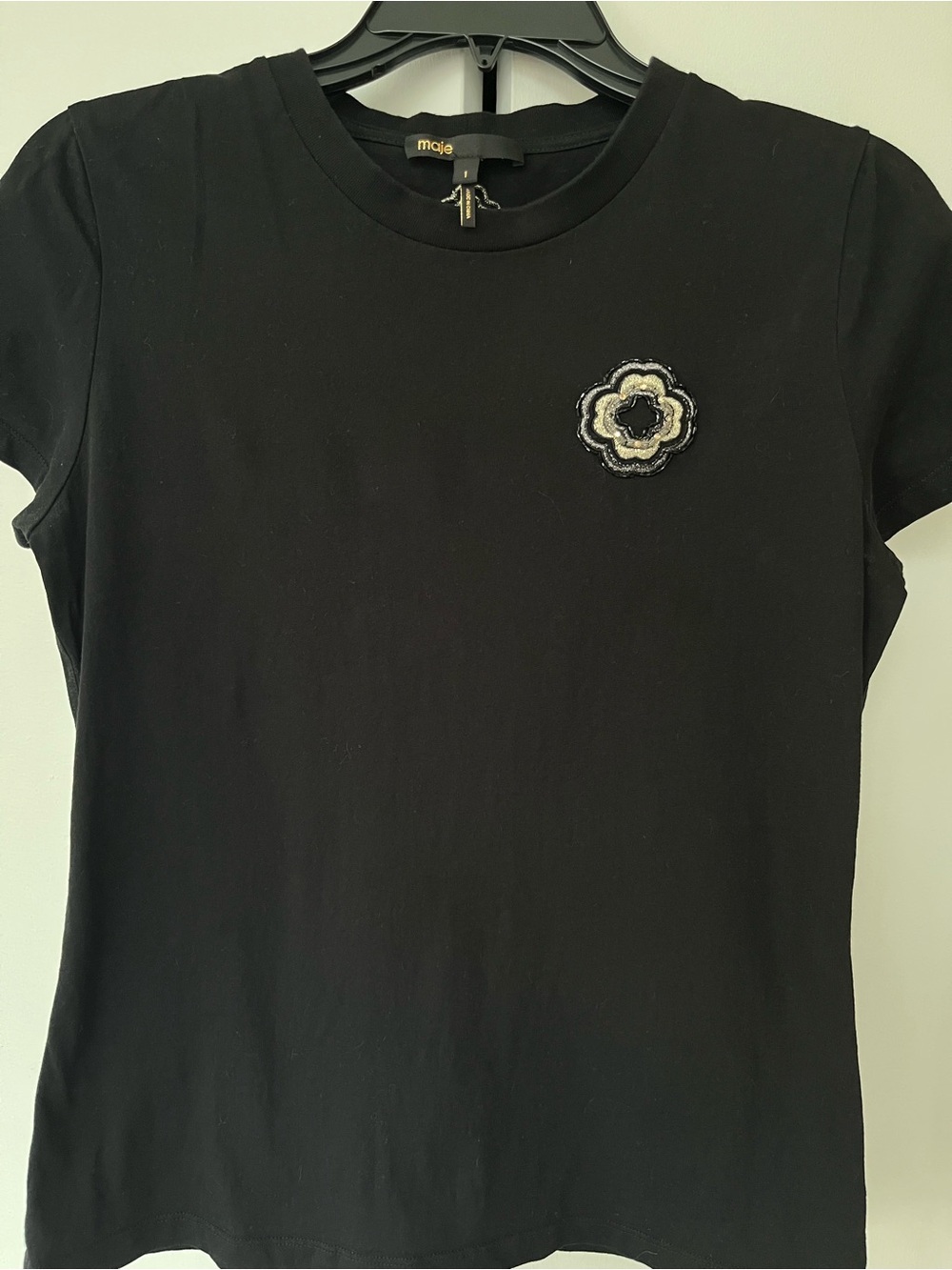 Maje Black Floral Appliqué Crewneck Tee-Size 1 (S)